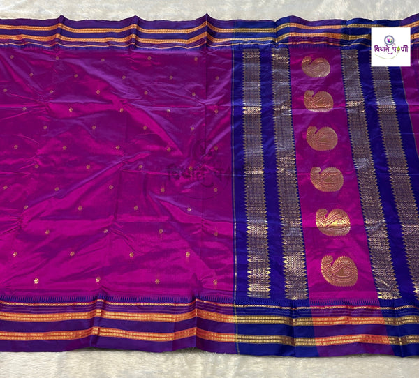 Pinkish purple Narayanpeth single ply pure silk saree with zari buttis and a mango motif pallu