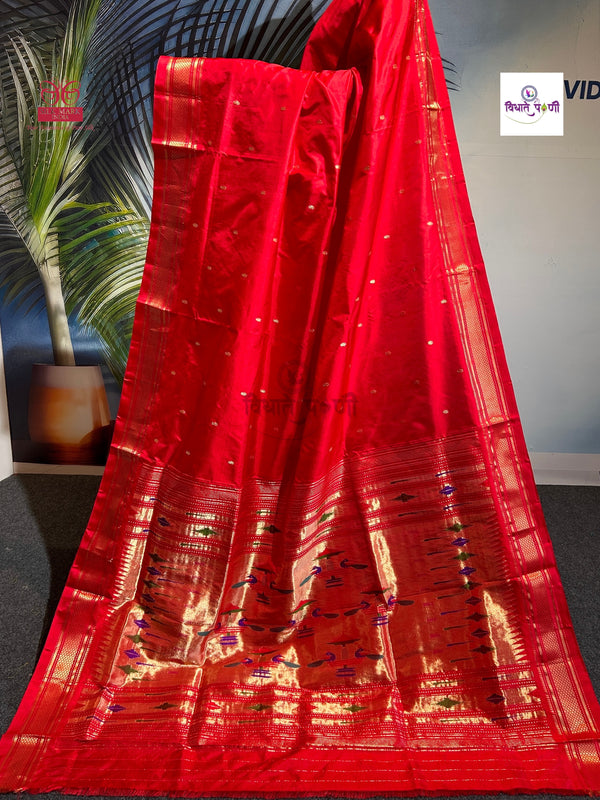 Handloom Pure Silk Double Pallu Paithani Saree - Red