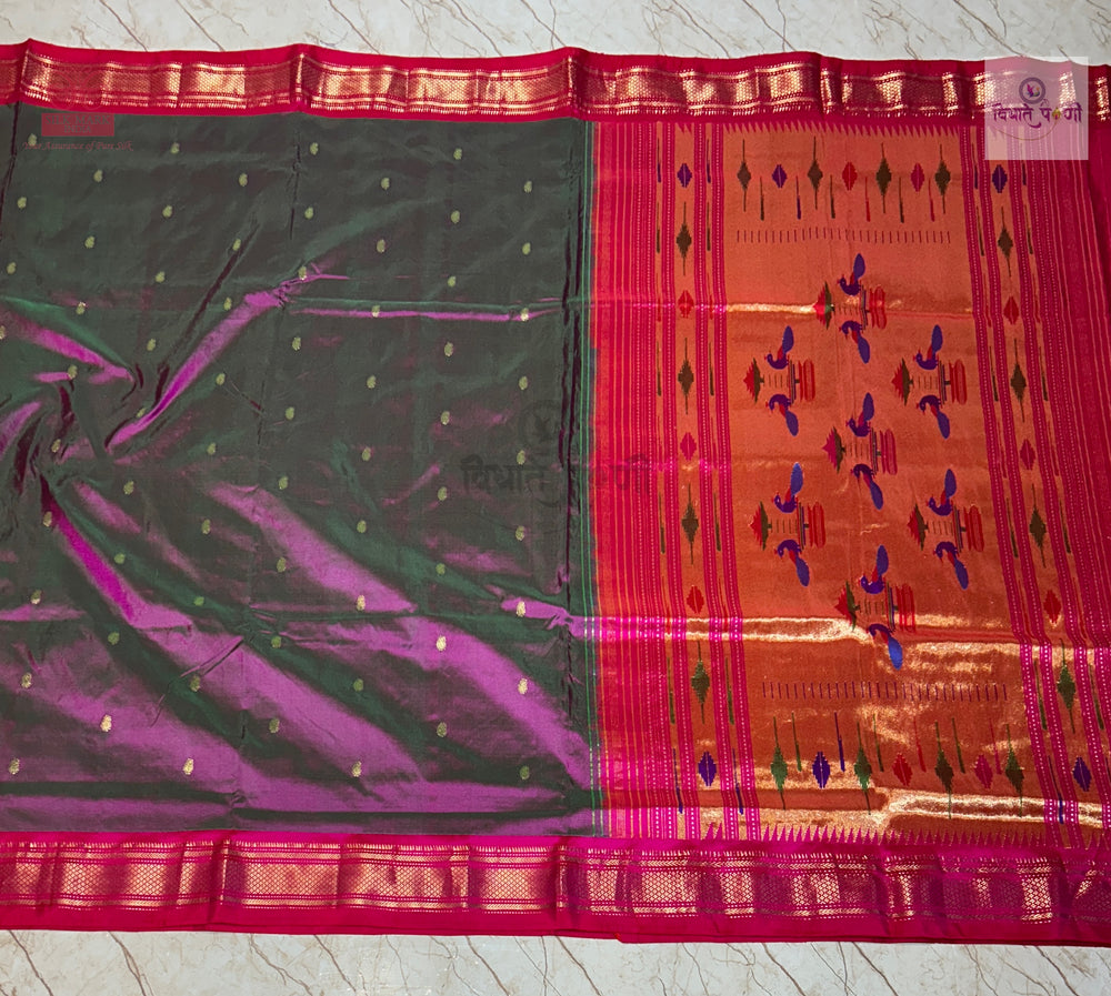 Handloom Pure Silk Double Pallu Paithani Saree - Green & Pink Mix