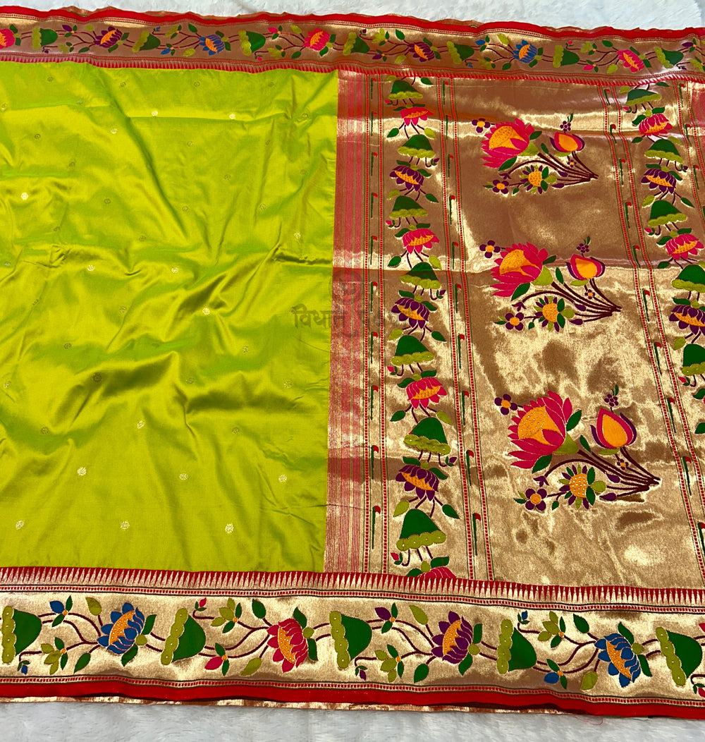 Lotus Border Soft Silk Paithani Sarees - Lime Green