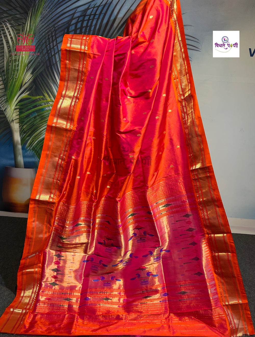 Handloom Pure Silk Double Pallu Paithani Saree - Orange