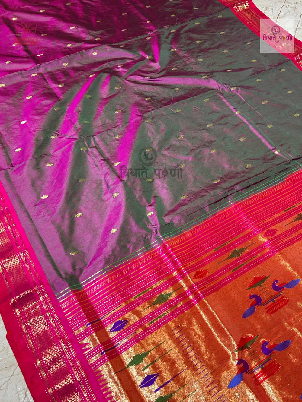 Handloom Pure Silk Double Pallu Paithani Saree - Green & Pink Mix