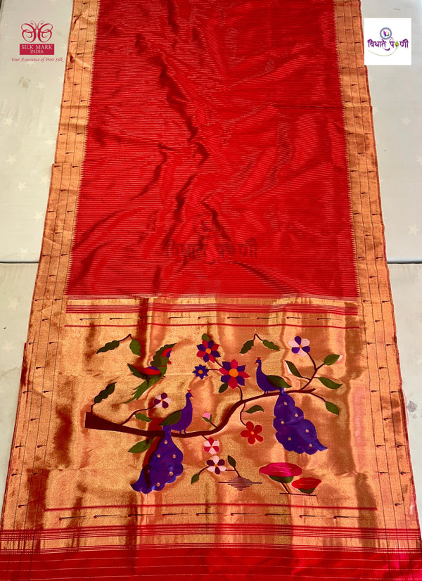 Handloom Pure Silk Triple Munia Border Paithani Saree - Red