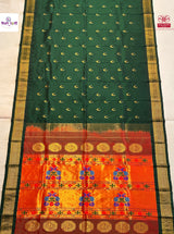 Bottle Green Handloom Pure Silk Maharani Paithani Saree — full saree draped and laid flat — Vidhate Paithani, Yeola