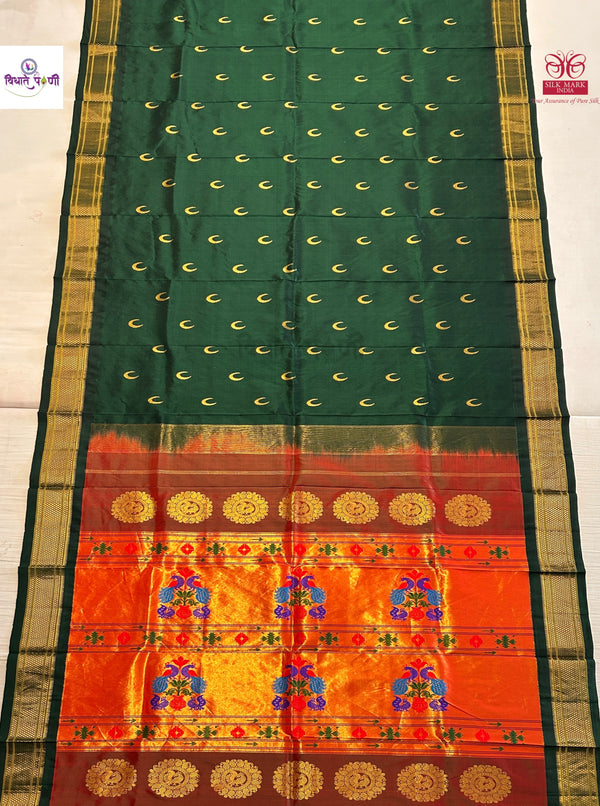 Handloom Pure Silk Maharani Paithani Saree- Bottle Green