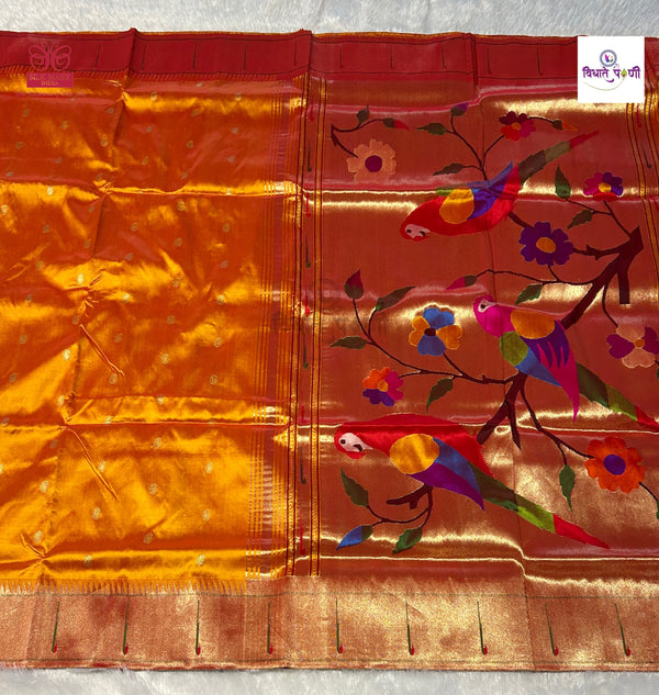 Handloom Pure Silk Single Munia Paithani Saree - Mango