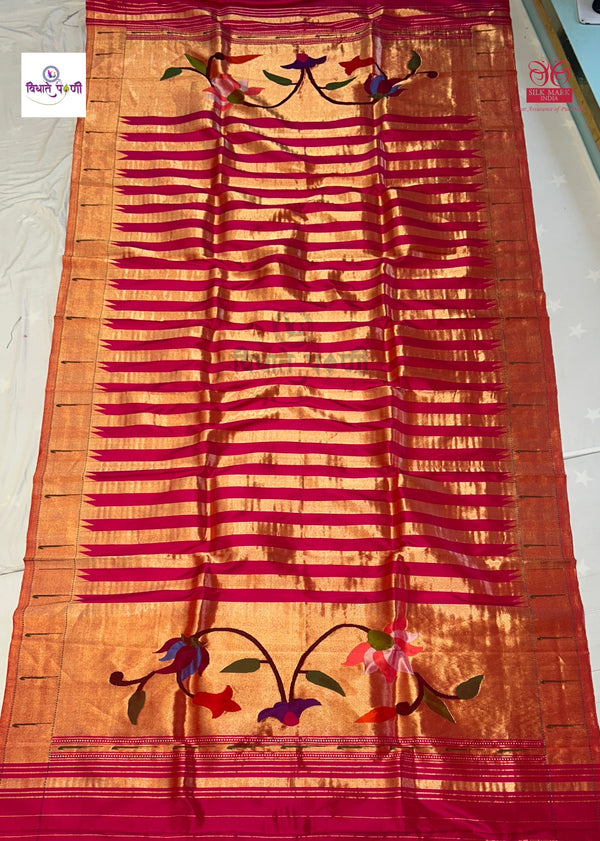 Munia Border Paithani Dupatta - Stripes Golden Pink