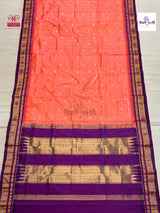 Peach Traditional Irkal Pure Silk Checks Saree — full saree draped and laid flat — Vidhate Paithani, Yeola