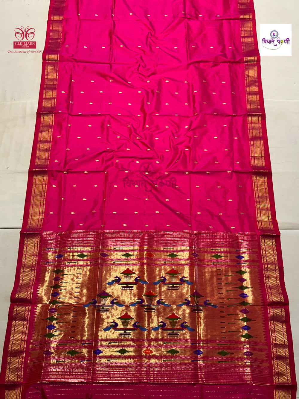 Handloom Pure Silk Double Pallu Paithani Saree - Hot Pink