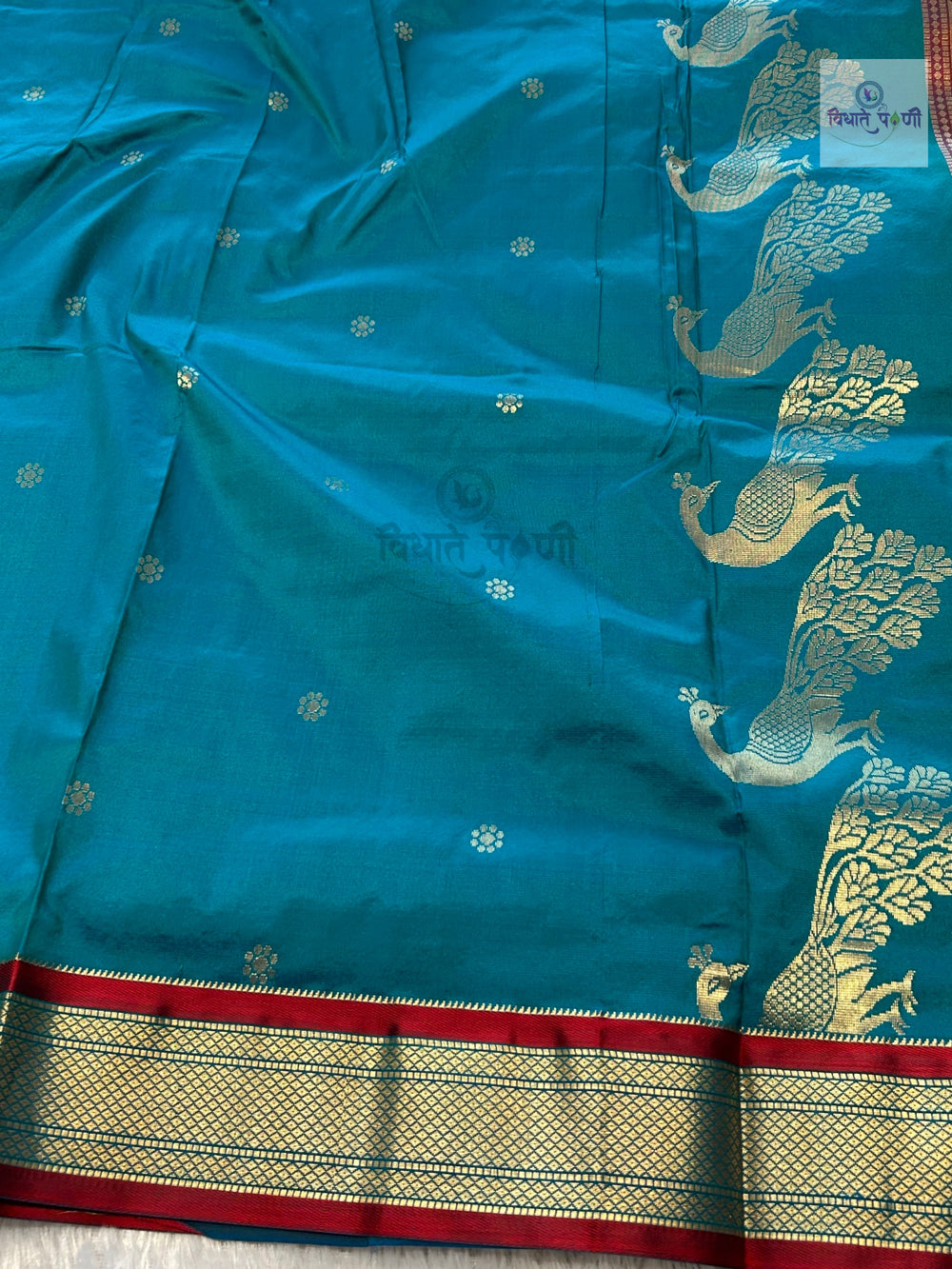 Powerloom Pure Silk Nauvari Paithani Saree- Sea Blue