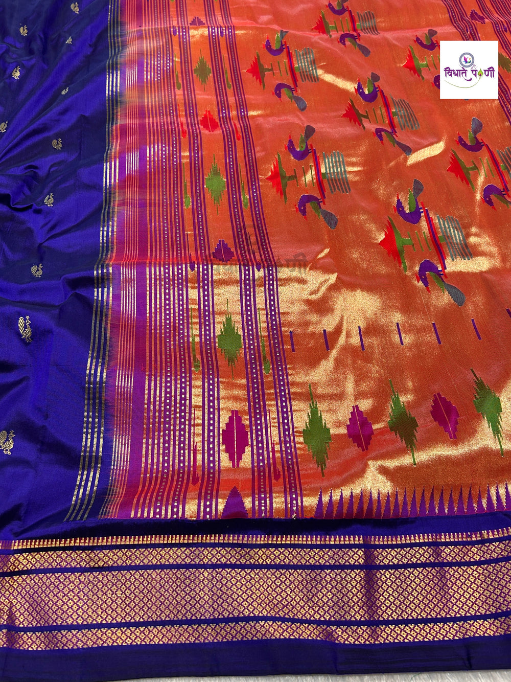 Handloom Pure Silk Double Pallu Paithani Saree - Black By Purple
