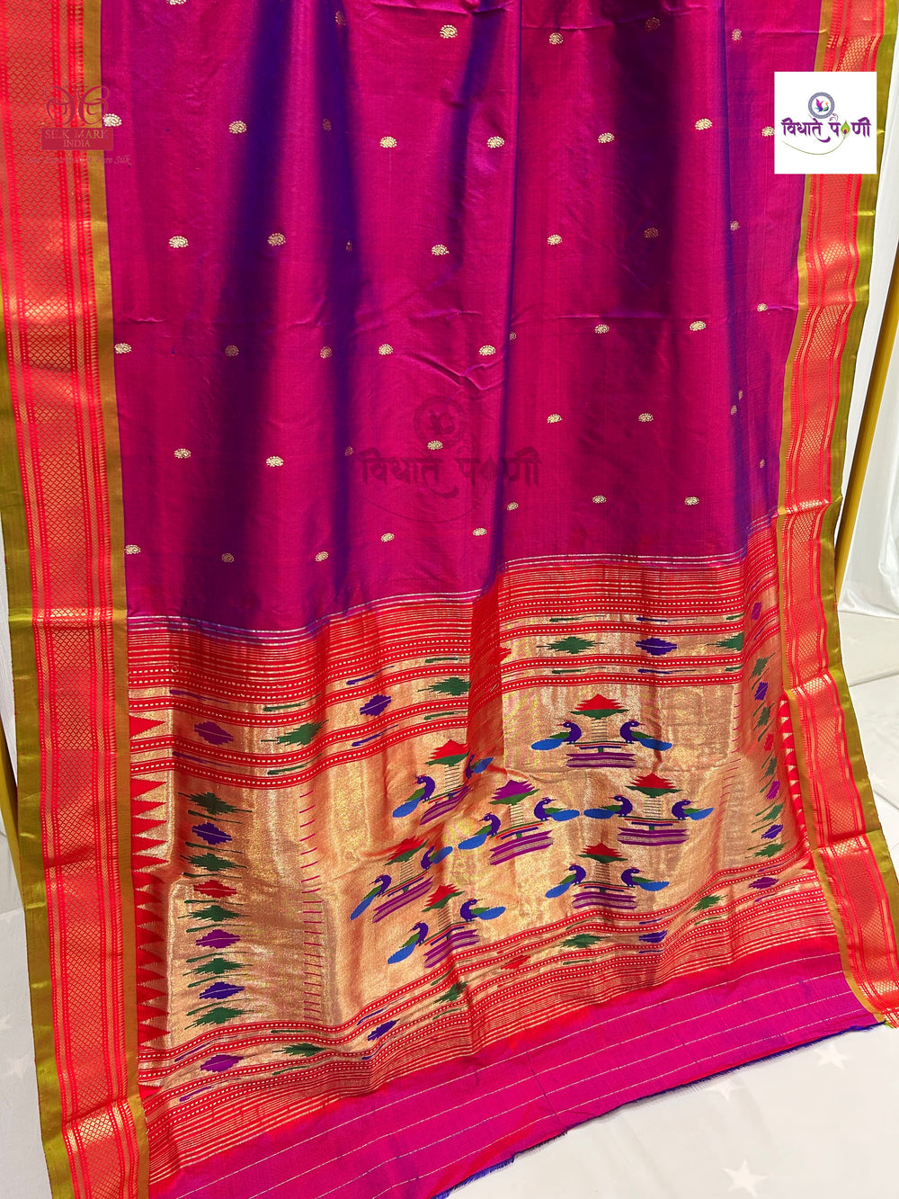 Handloom Pure Silk Double Pallu Paithani Saree - Pomegranate
