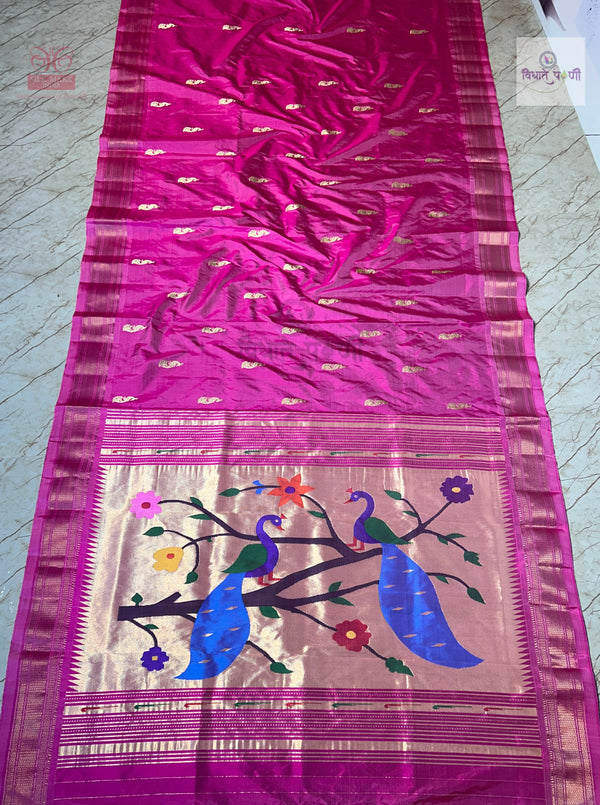 Handloom Pure Silk Designer Pallu Paithani Saree — full saree draped and laid flat — Vidhate Paithani, Yeola