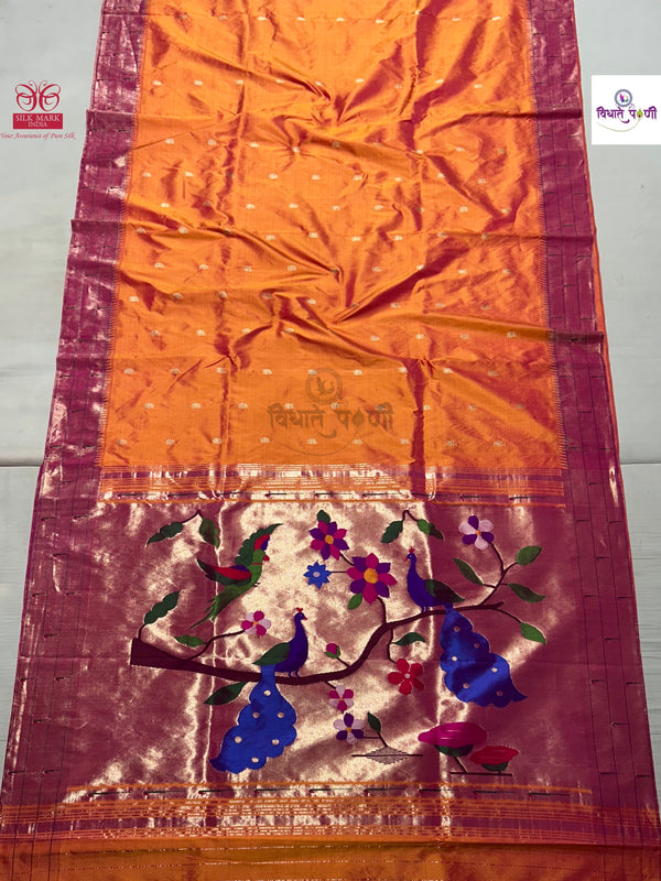 Handloom Pure Silk Triple Munia Border Paithani Saree - Mango