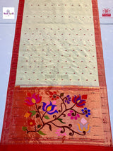 Handloom Pure Tissue Single Munia Paithani Saree - 1 — full saree draped and laid flat — Vidhate Paithani, Yeola