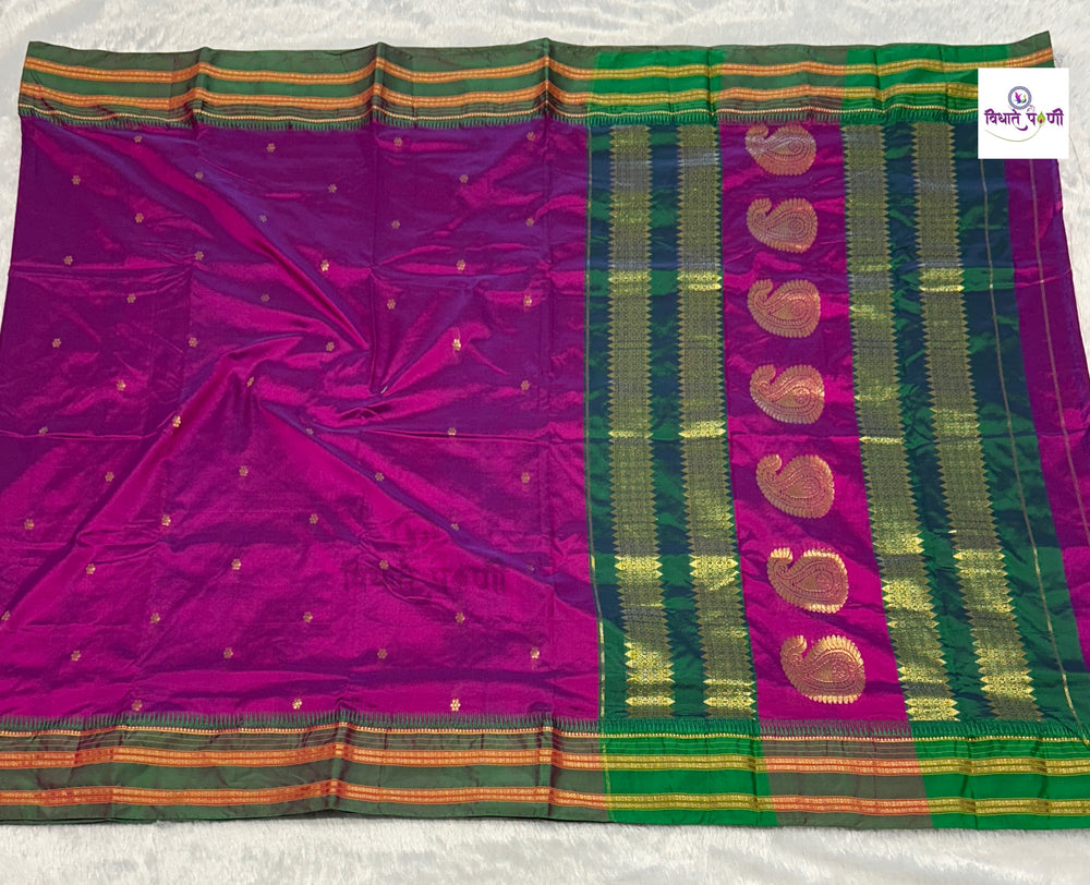 Magenta Narayanpeth Single Ply Pure Silk Saree — full saree draped and laid flat — Vidhate Paithani, Yeola