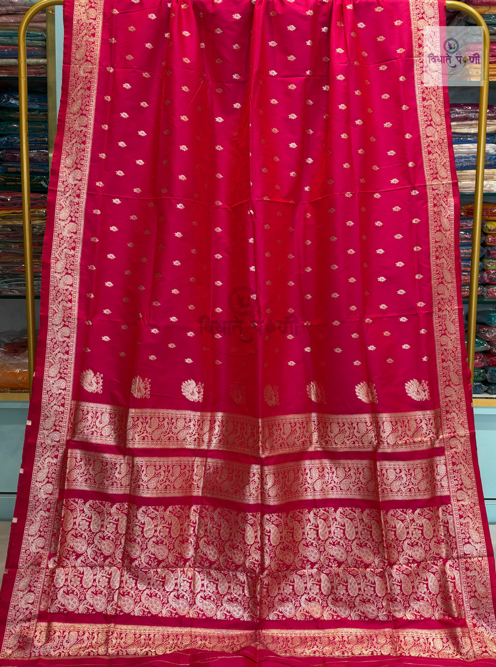 Peshwai Soft Silk Saree- Hot Pink — full saree draped and laid flat — Vidhate Paithani