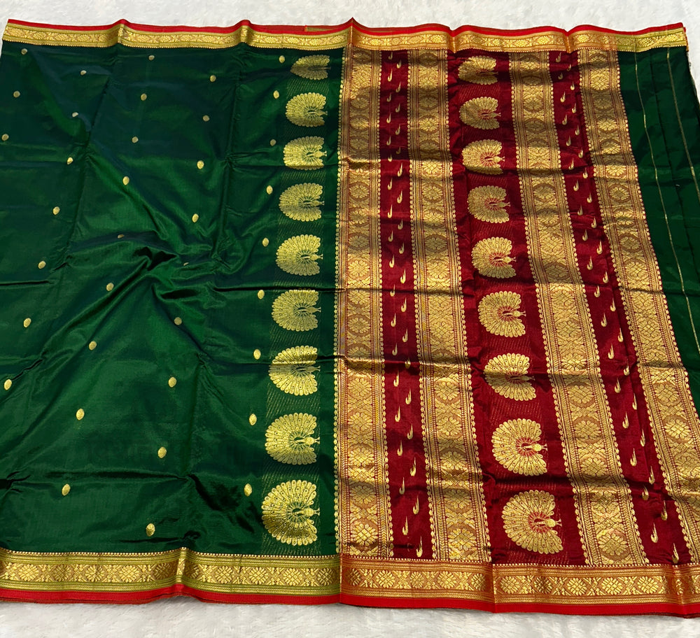 Jijamata Single Ply Pure Silk Saree - Bottle Green