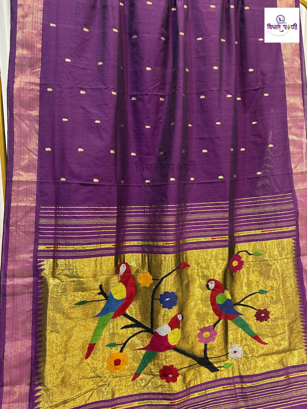 Handloom Pure Cotton Paithani Saree- Parrot Pallu