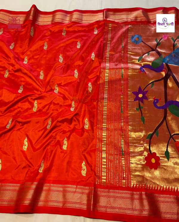Handloom Pure Silk Designer Pallu Paithani- 9 Yard Orange