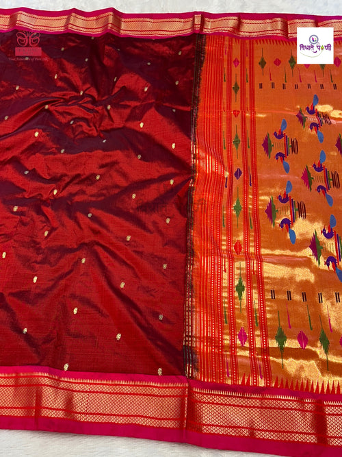 Marron Handloom Pure Silk Double Pallu Paithani Saree — full saree draped and laid flat — Vidhate Paithani, Yeola