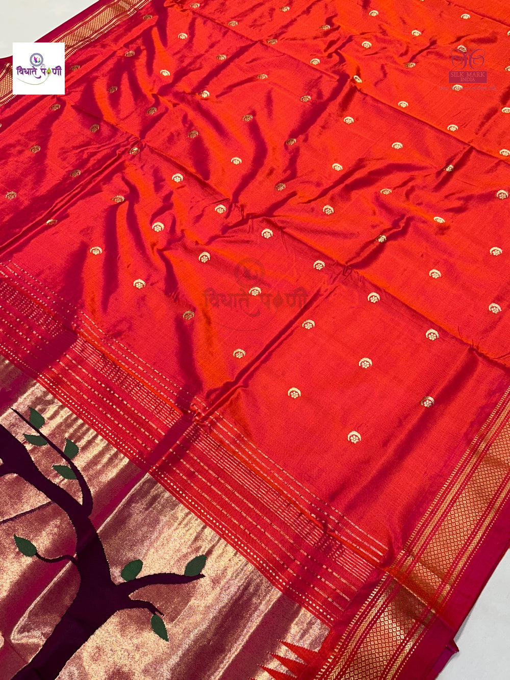 Handloom Pure Silk Chandrakor Butta Paithani Saree - Orange