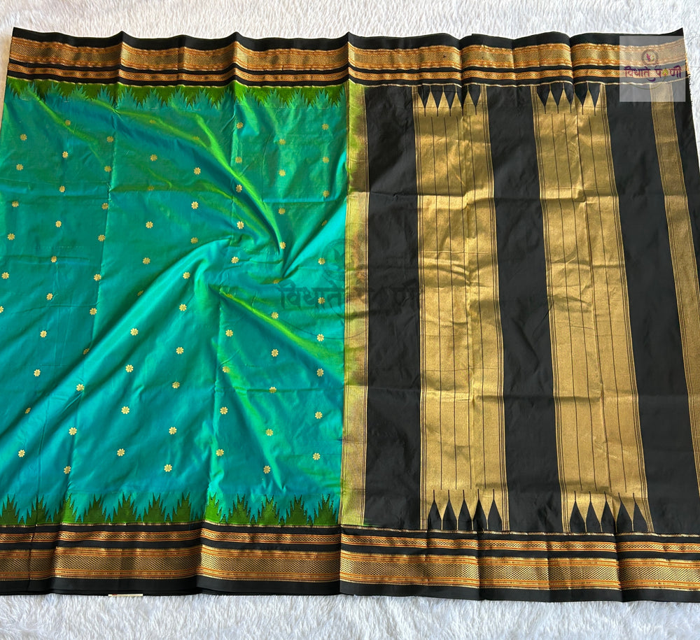 Traditional Pure Silk Irkal Butta Sarees- Temple Border - Turquoise