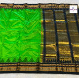 Parrot Green Traditional Pure Silk Irkal Sarees — full saree draped and laid flat — Vidhate Paithani, Yeola