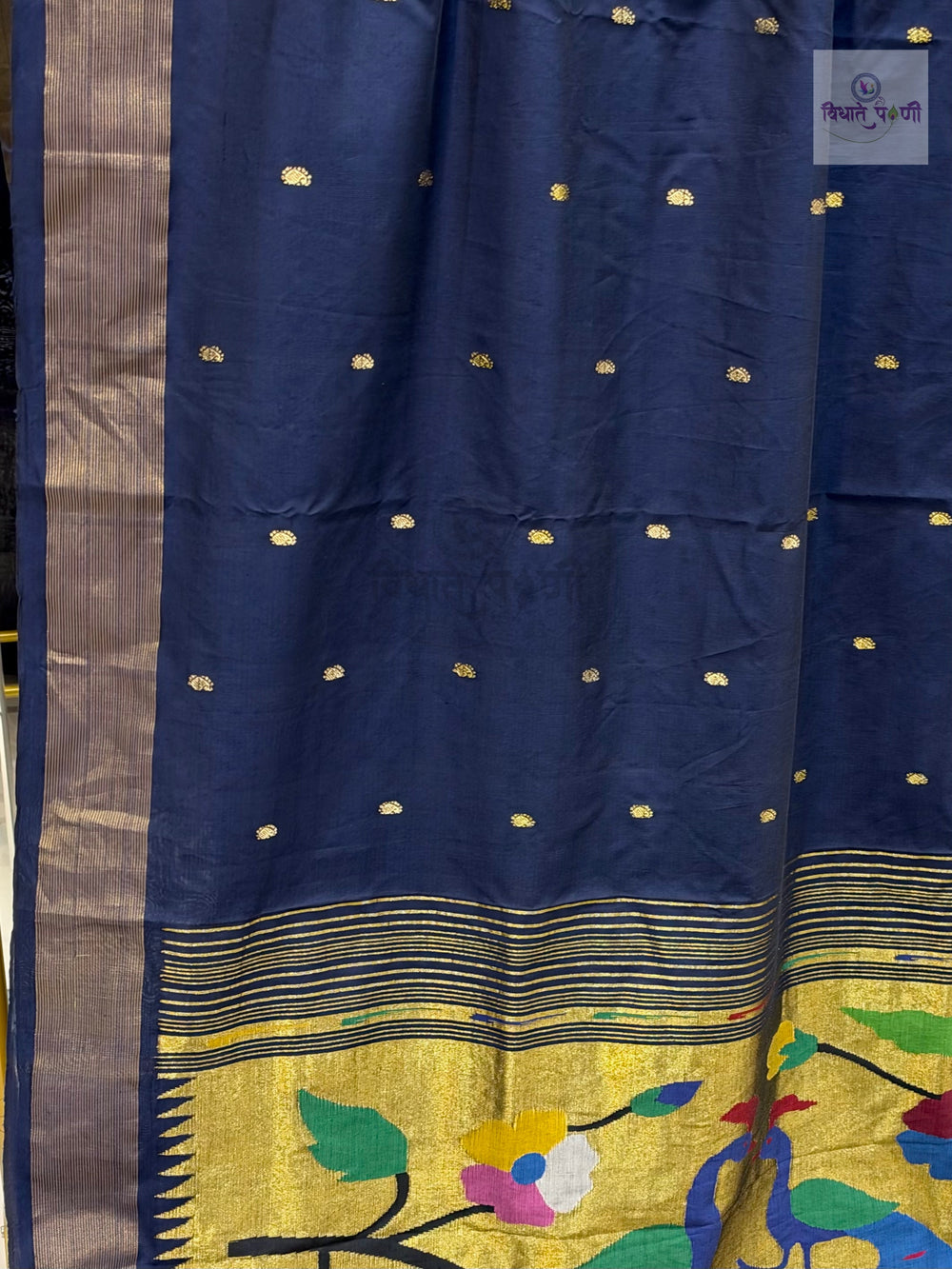 Handloom Pure Cotton Paithani Saree – Peacock Pallu – Navy — pallu detail — Vidhate Paithani, Yeola