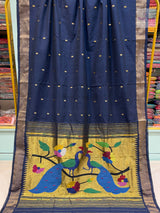 Handloom Pure Cotton Paithani Saree - Peacock Pallu - Navy