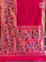 Handloom Pure Silk Half All Over Brocade Paithani Saree – Pink — full saree draped and laid flat — Vidhate Paithani, Yeola