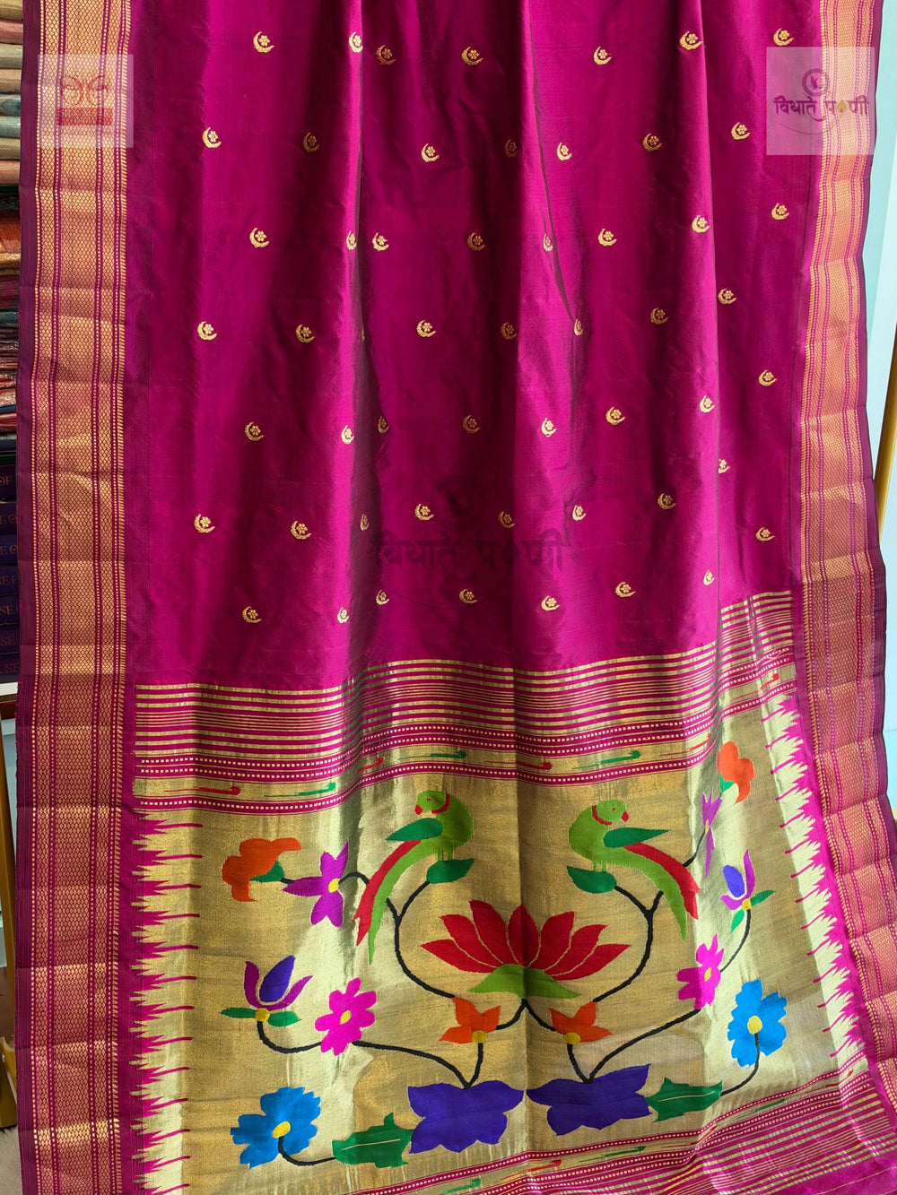 Handloom Pure Silk Chandrakor Butta Paithani Saree - Dark Magenta