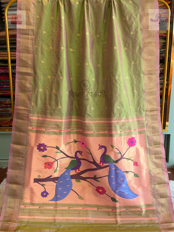 Handloom Pure Silk Designer Pallu Paithani Saree- Pastel Green