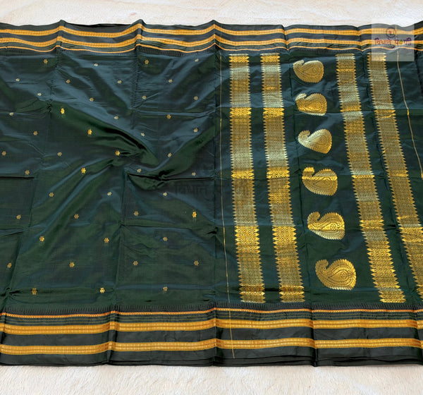Narayanpeth Single Ply Pure Silk Saree – Dark Green — full saree draped and laid flat — Vidhate Paithani, Yeola