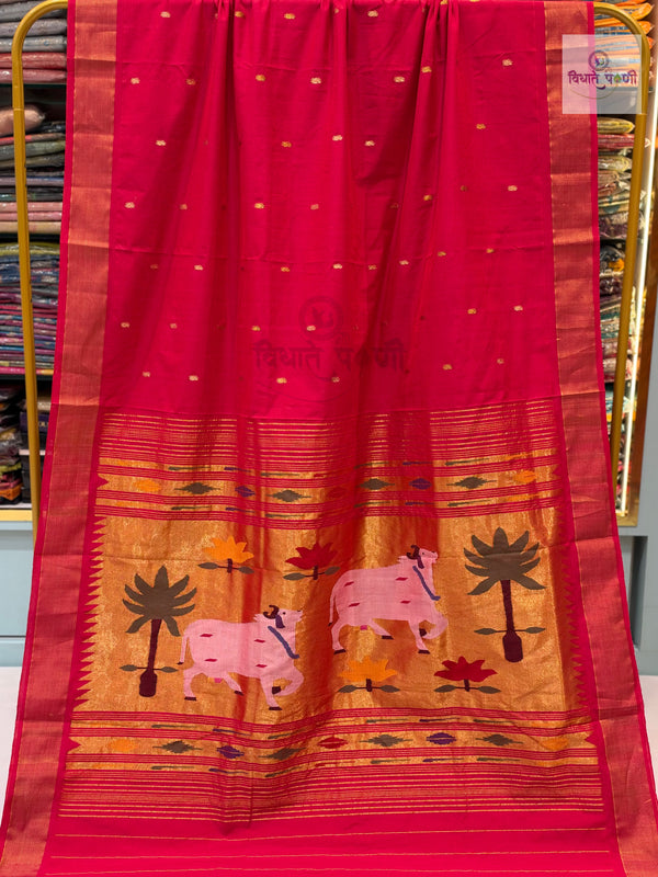 Red pink mix handloom pure cotton Paithani saree with designer Pichwai pallu – full saree