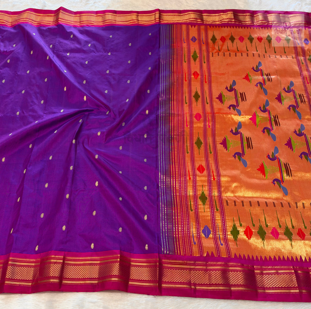 Handloom Pure Silk Double Pallu Paithani Saree - Magenta