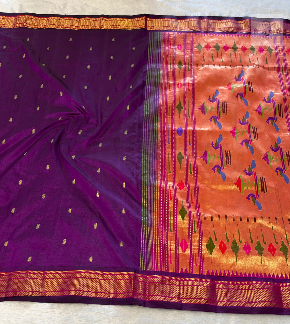 Handloom Pure Silk Double Pallu Paithani Saree - Brinjal