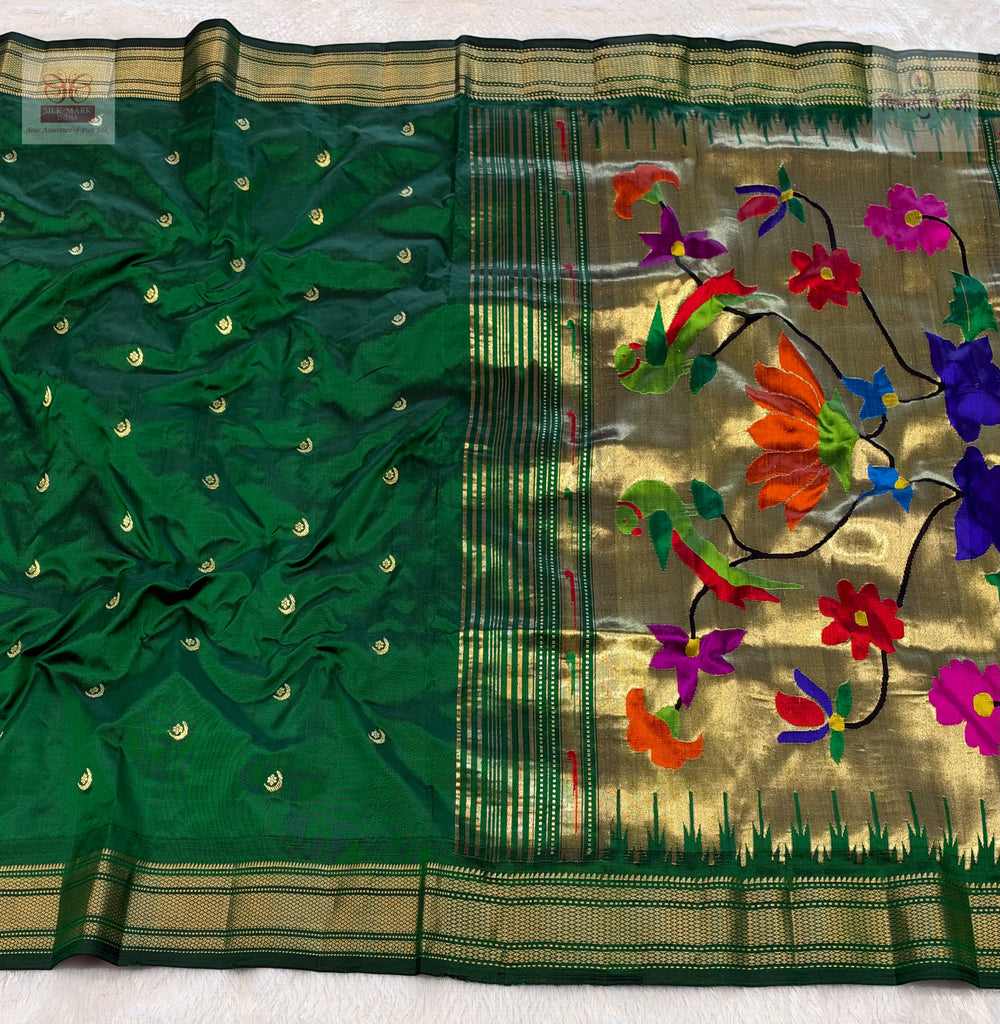Handloom Pure Silk Chandrakor Butta Paithani Saree - Bottle Green — full saree draped and laid flat — Vidhate Paithani, Yeola