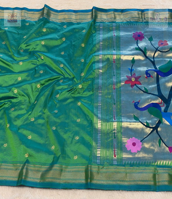 Handloom Pure Silk Chandrakor Butta Paithani Saree - Turquoise — full saree draped and laid flat — Vidhate Paithani, Yeola