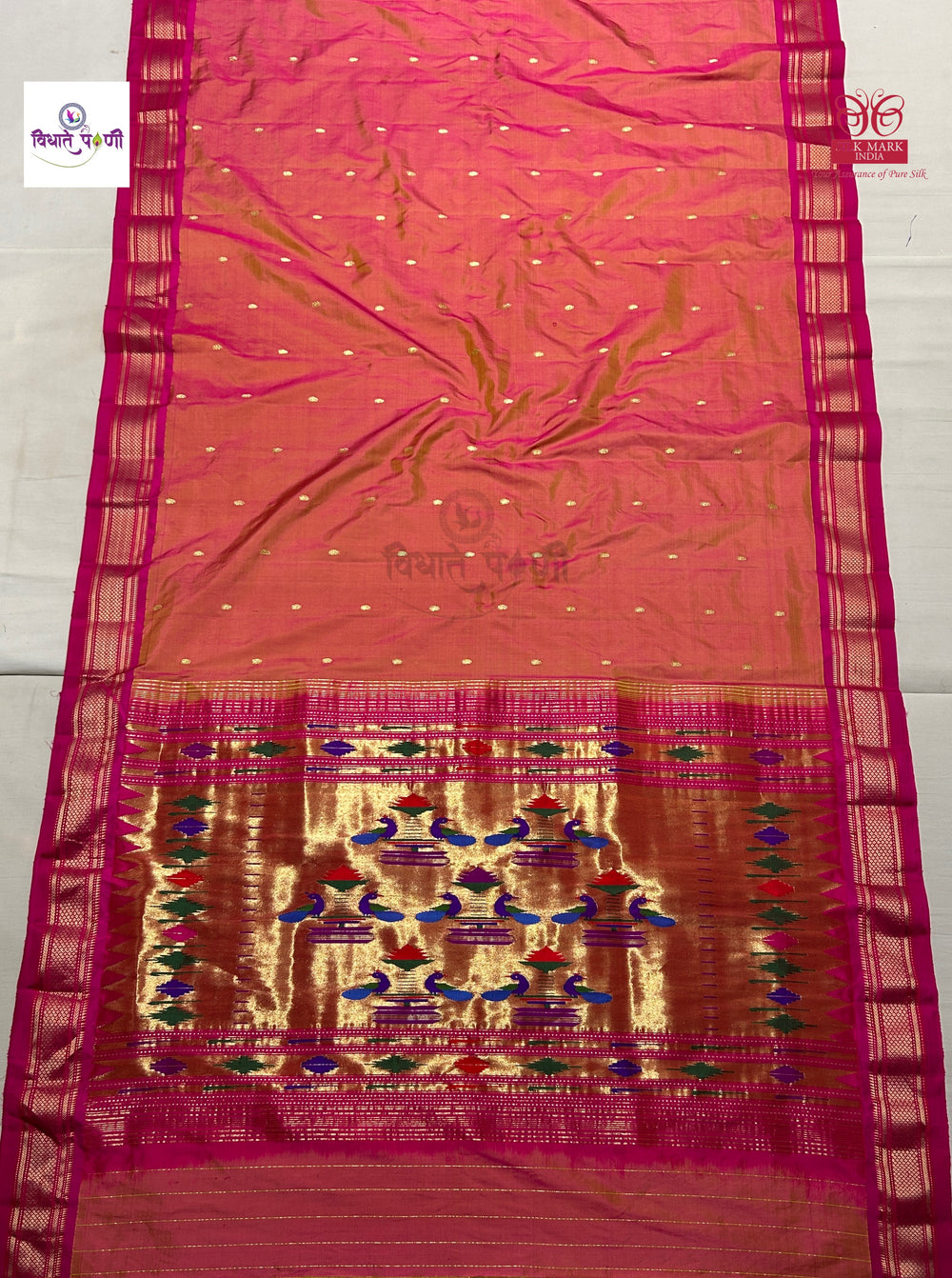 Handloom Pure Silk Double Pallu Paithani Saree - Lemon-Pink Mix