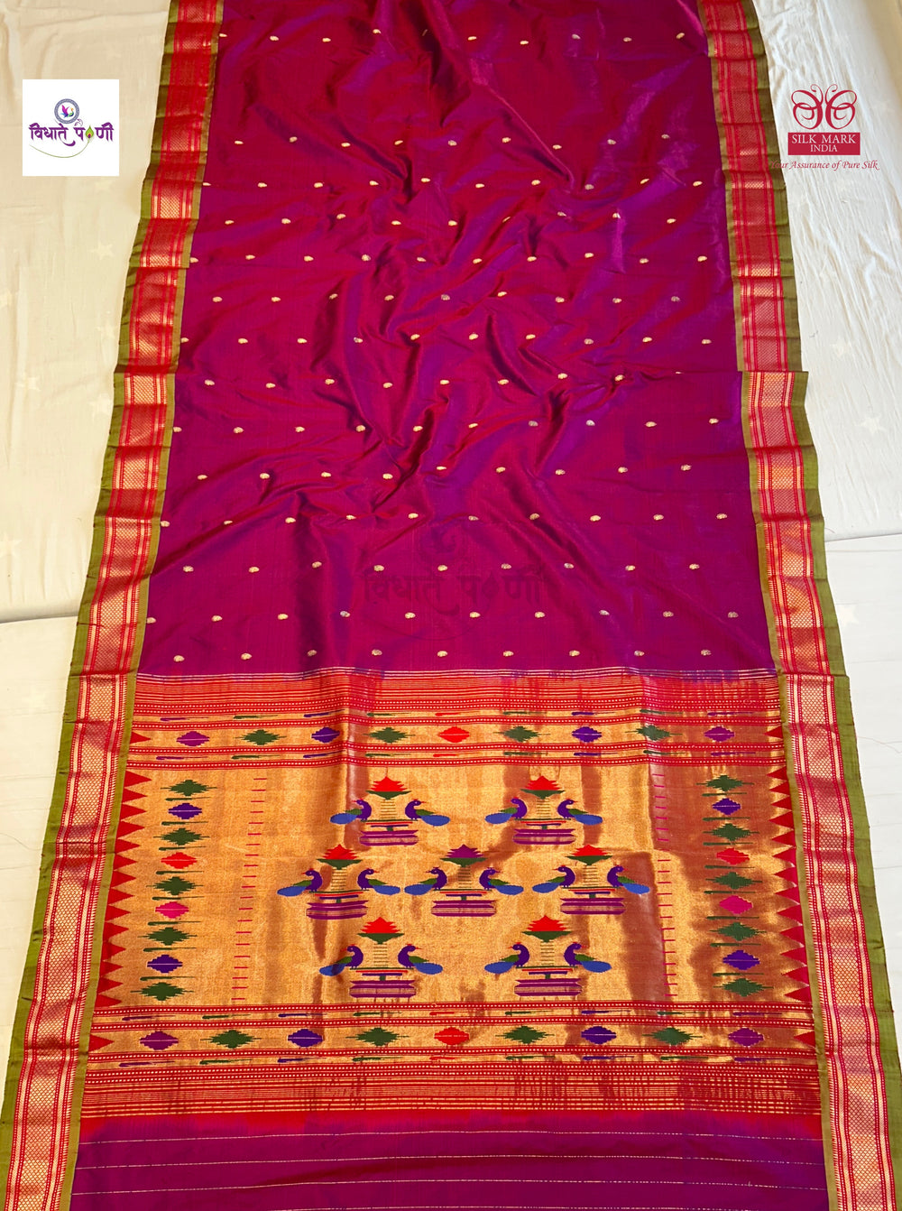 Handloom Pure Silk Double Pallu Paithani Saree - Pomegranate