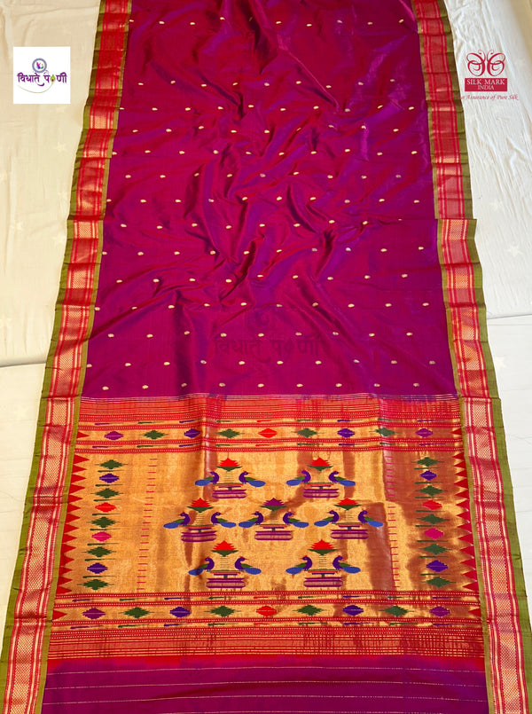 Handloom Pure Silk Double Pallu Paithani Saree - Pomegranate