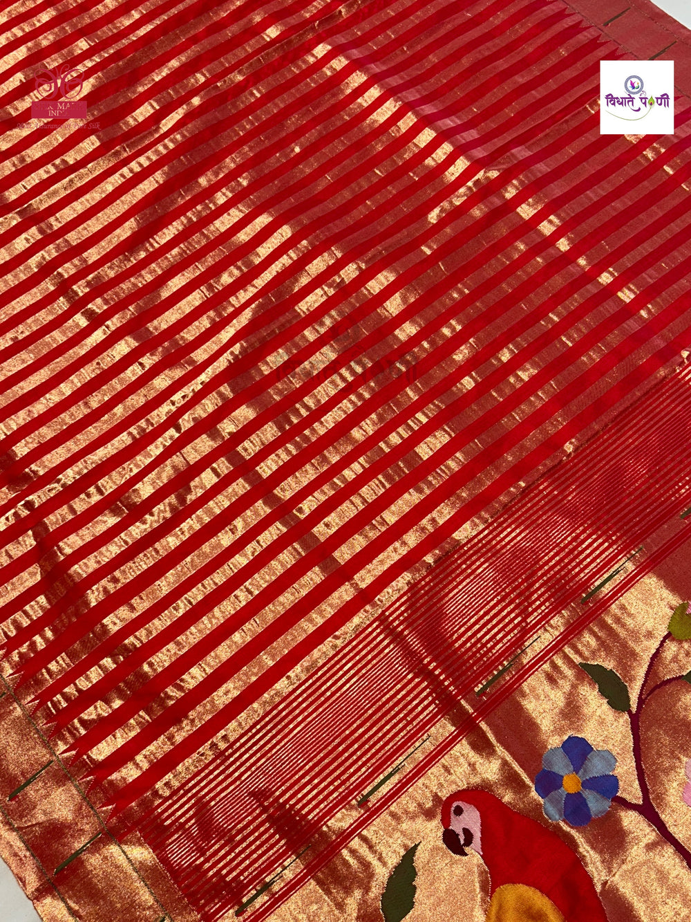 Handloom Pure Silk Single Munia Paithani Saree - Stripes - 1