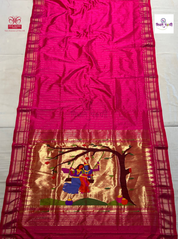 Handloom Pure Silk Stripes Paithani Saree - Designer Pallu - Hot Pink