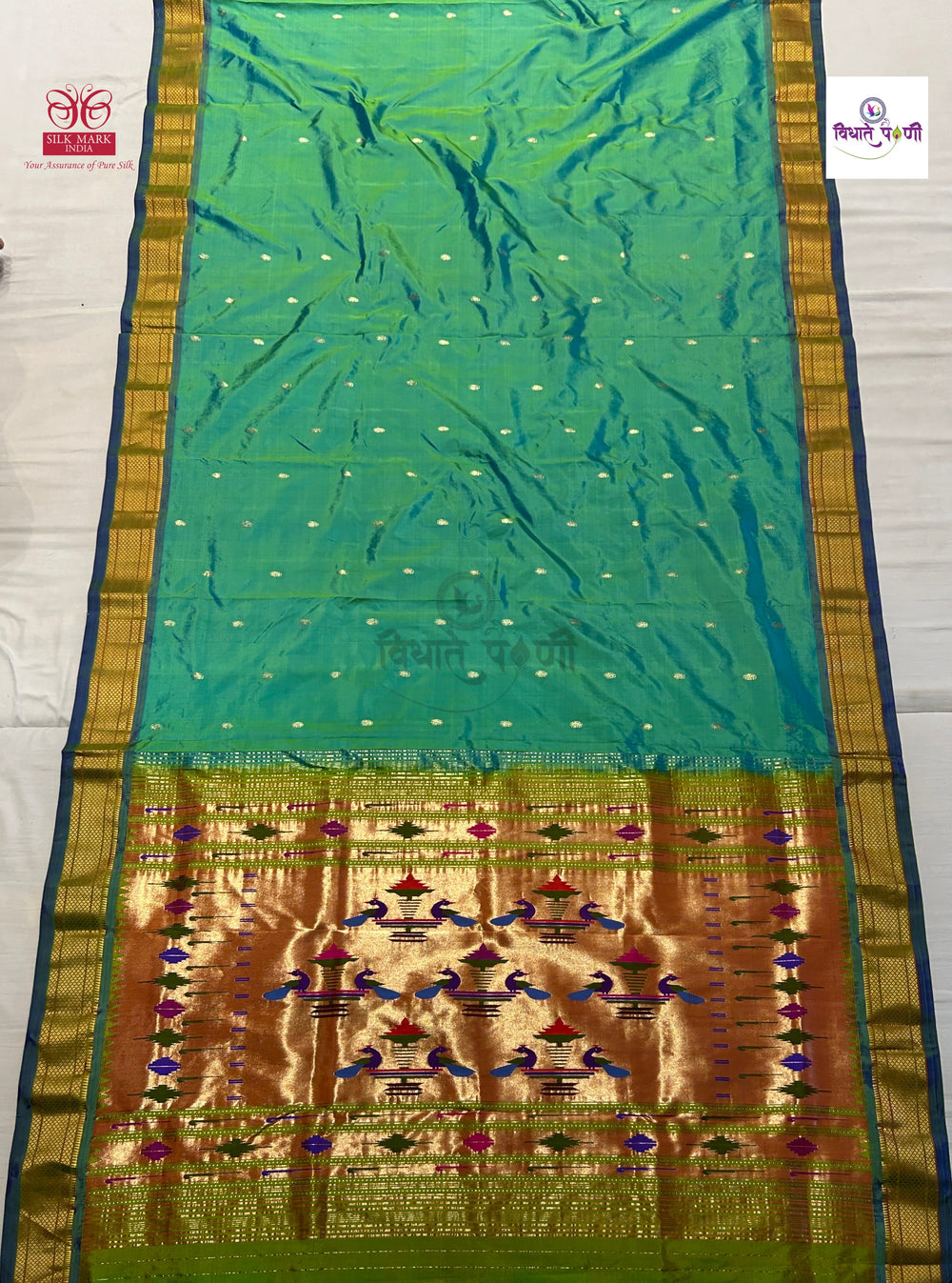 Handloom Pure Silk Double Pallu Paithani Saree - Sea Green