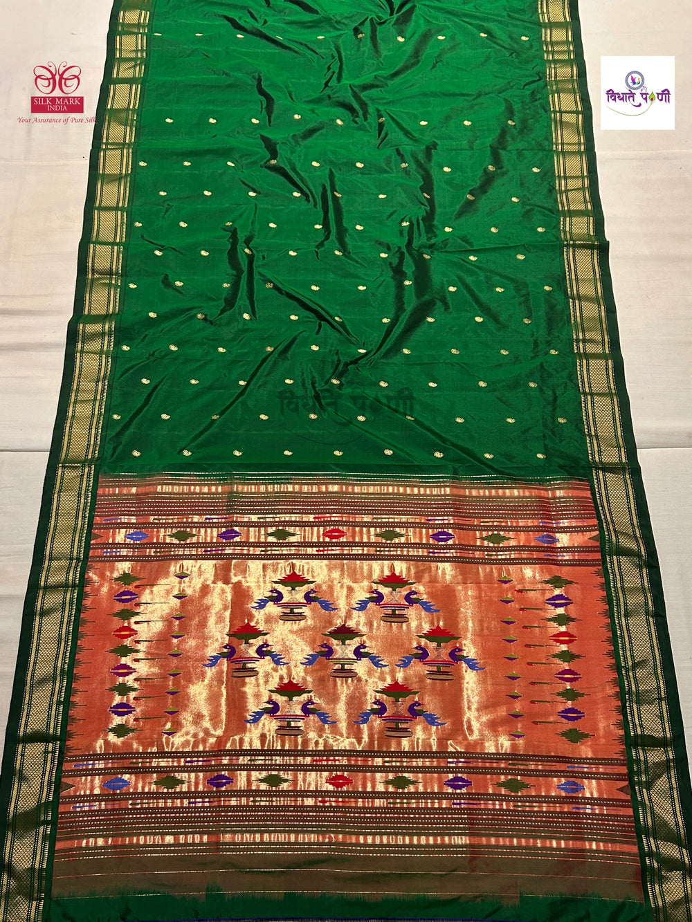 Handloom Pure Silk Double Pallu Paithani Saree - Bottle Green