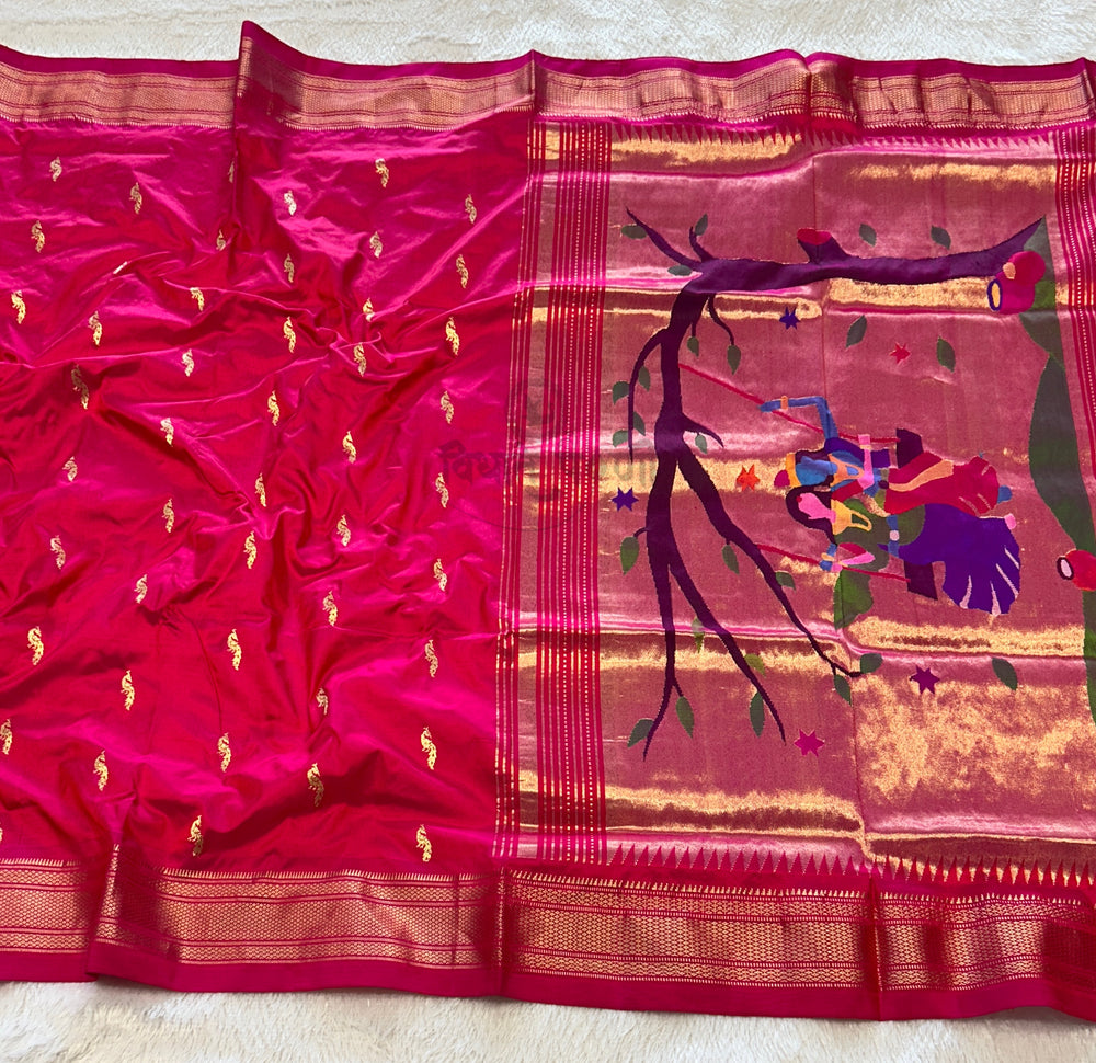 Handloom Pure Silk Paithani Saree - Designer Pallu -Radha Krishna — full saree draped and laid flat — Vidhate Paithani, Yeola