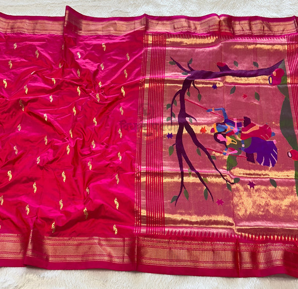 Handloom Pure Silk Paithani Saree - Designer Pallu -Radha Krishna — full saree draped and laid flat — Vidhate Paithani, Yeola