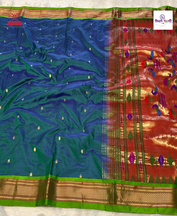 Handloom Pure Silk Double Pallu Paithani Saree - Sea Green