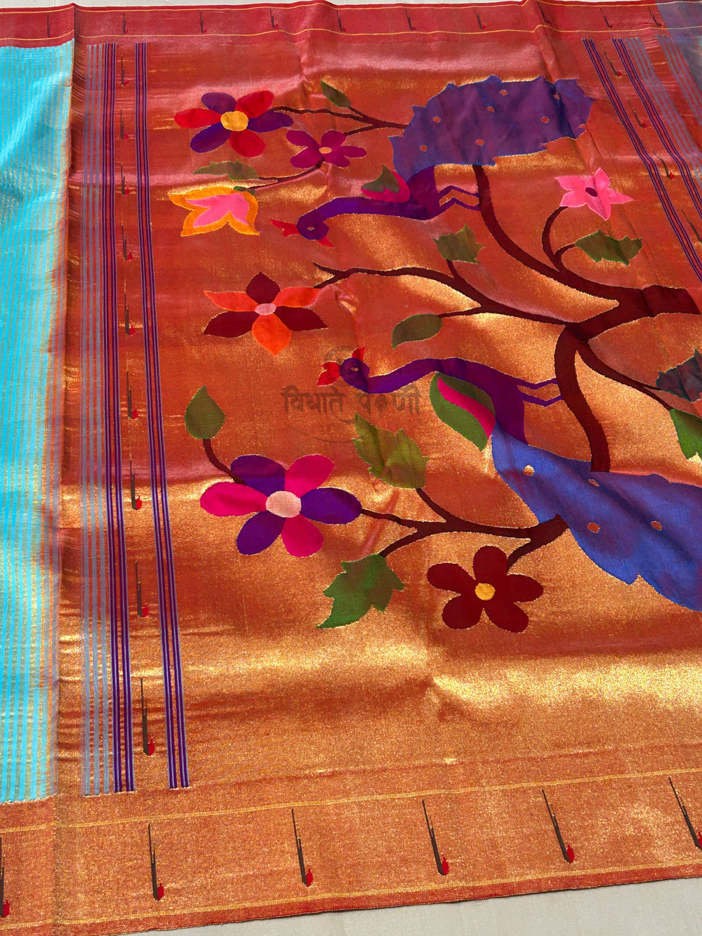 Handloom Pure Silk Single Munia Paithani Saree - Stripes - Aqua